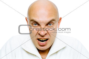 man screams into the camera. Close-up. Isolated on white