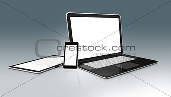 High Tech computer set. Laptop, mobile phone and digital tablet 