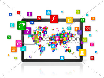 World map made of icons on Tablet PC. Cloud computing concept