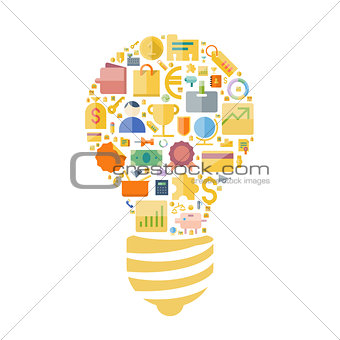 Icons for business and finance arranged in light bulb shape