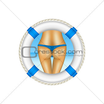 Life buoy with sexy bum of woman in blue bikini as beach concept