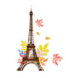 Watercolor leaves and Eiffel Tower