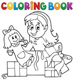 Coloring book girl with doll and gifts