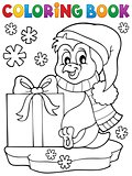 Coloring book penguin with gift