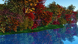 3D colourful trees against a riverside
