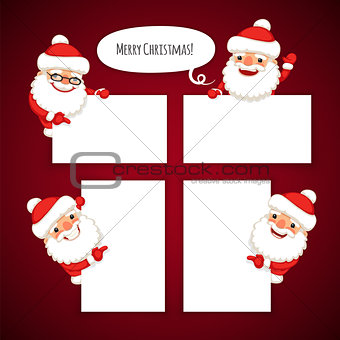 Set of Cartoon Santa Clauses Behind a White Empty Sheet
