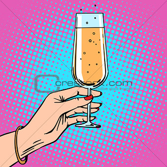Toast a female hand with glass of champagne celebration party