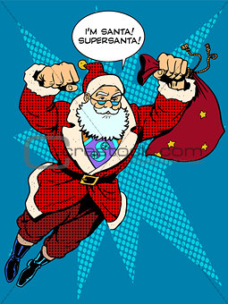 Santa Claus is flying with gifts like a superhero