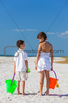 Children, Boy Girl, Brother and Sister Playing on Beach
