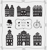 Vector Vintage Old Styled Houses Black Shapes Icons