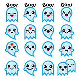 Kawaii cute ghost for Halloween blue icons set