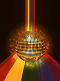Glowing disco ball over rainbow portrait background
