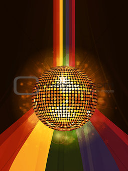 Glowing disco ball over rainbow portrait background