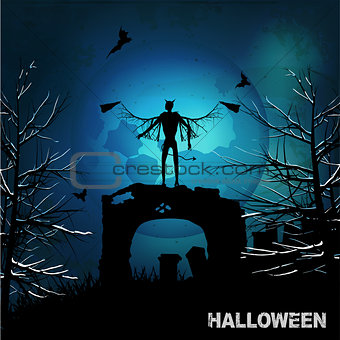 Halloween grunge background with evil angel and moon