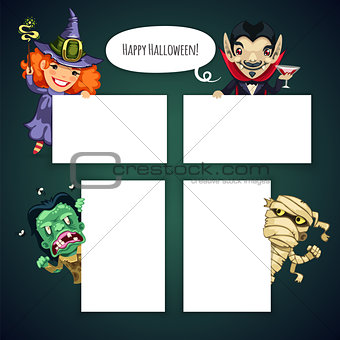 Set of Cartoon Halloween Characters Behind a White Empty Sheet
