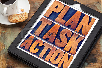 plan, task, action words on tablet