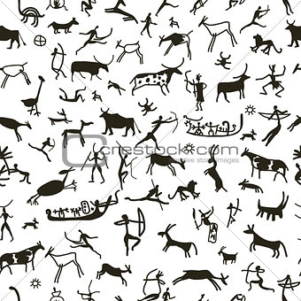 Rock paintings with ethnic people, seamless pattern