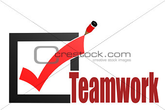 Check mark with teamwork word