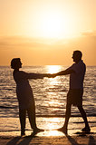 Senior Couple Holding Hands Sunset Tropical Beach