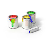 Group of can paints and roller brush.