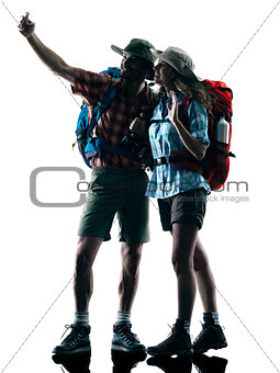 couple trekker trekking nature silhouette selfie