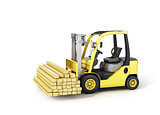 Forklift truck holding wood beams on the white background.