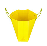 bright yellow shopping bag in the air on an isolated white backg