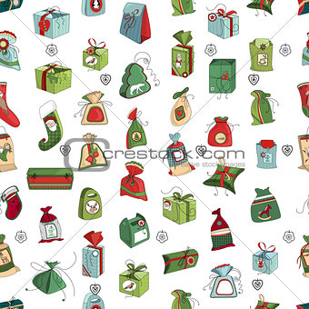 Seamless pattern with Christmas gift boxes on white. Simple colors.