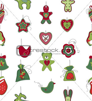Seamless pattern with Christmas decoration on white. Simple colors.