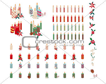 Set of different candles with Christmas decoration isolated