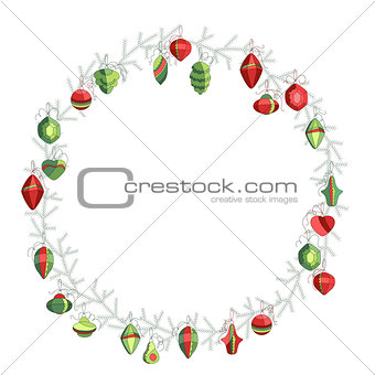 Round Christmas wreath with decoration isolated on white. Simple colors.