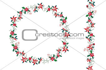 Round Christmas wreath with poinsettia isolated on white. Endless vertical pattern brush.