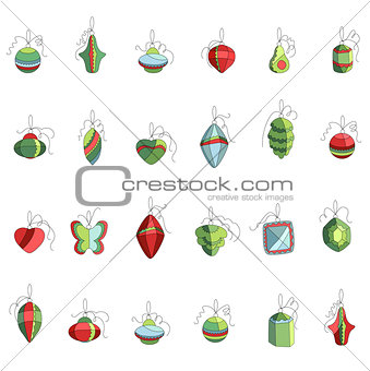 Set of different contour Christmas decoration isolated on white. Simple colors.