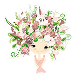 Female portrait with floral hairstyle for your design