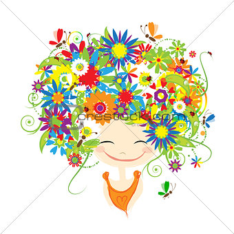 Female portrait with floral hairstyle for your design