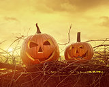 Funny face pumpkins sitting on fence
