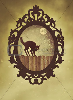 Ornate black frame with halloween cat 