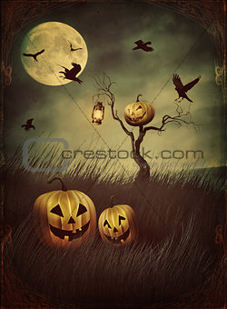 Pumpkin scarecrow in fields at night with vintage look