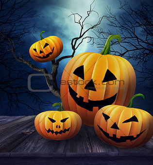 Pumpkins on table with Halloween background