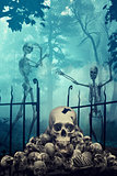 Skulls and Skeletons in creepy graveyard