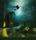 Witches broom hat and shoes with  Halloween background