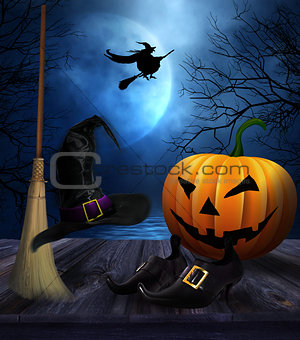 Witches broom hat and shoes with  Halloween background