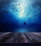 Wooden floor with spider and Halloween background