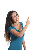 Happy promoter teen girl presenting and pointing at side