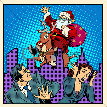 Nightmare holidays Santa Claus on reindeer and panic people