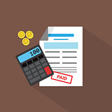 Calculator, coins and debit list, vector flat