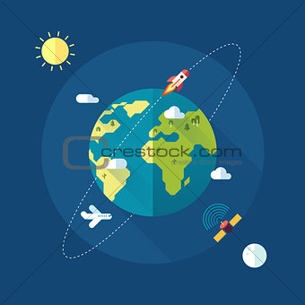 Earth banner with sun, moon, stars and space rocket