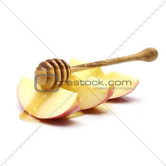 Honey and apple on white background