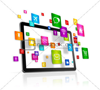 Tablet PC and flying apps icons