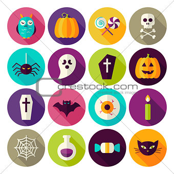 Flat Halloween Trick or Treat Circle Icons Set with long Shadow